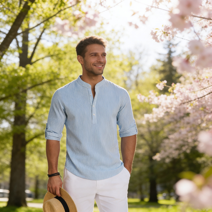 MONVIEL™ | Men's Textured Band-Collar Henley Shirt