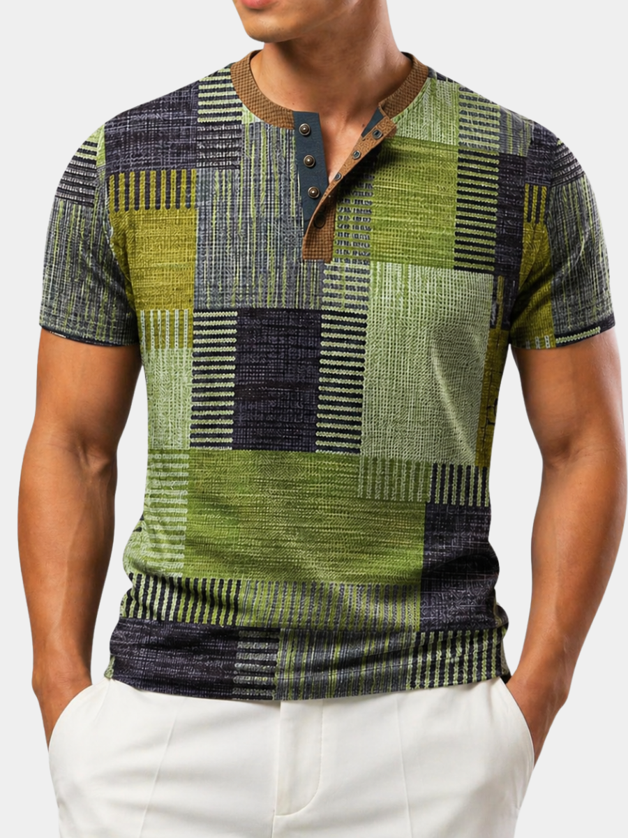 MONVIEL™ | Men's Patchwork Print Henley T-Shirt